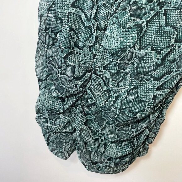 1. State Sleeveless Snake Print Ruched Ruffle Mini Dress Blue 12 Keyhole Back - Picture 8 of 11
